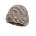 Winter khaki knitted beanie with thick rib design and yellow 'BACK' label accent - Hat Only / Mocha