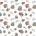 Hand-drawn seamless birthday gift wrapping paper with cakes and happy birthday text - Balloon Gift Box White Background