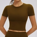 Slim fit dark olive green yoga cropped t-shirt with short sleeves and round neck - S / Dark Brown