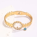 Gold hollowed heart bangle with sparkling zircon and blue evil eye charm pendant - Hollow Heart Style