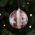 Pink glitter Christmas ball with white star pattern and letter H for tree decoration - Pink