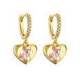 Golden heart drop hoop earrings with sparkling pink gemstone and micro-pave white zircons - Gold Pink Zircon Hollow Heart 1 Pair