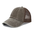Side view of washed dark grey trucker hat with breathable mesh and curved brim - Adjustable / Coffee