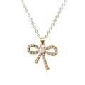 Elegant gold bow necklace with sparkling crystals and a white pearl on white background - Pearl Gold Bowknot (X1198)