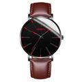 Reloj Geneva minimalista para hombre con esfera negra y correa de cuero marrón - Caja Oro Rosa Esfera Negra Aguja Roja Correa Cuero Marrón