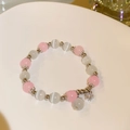 Pink beaded bracelet with white cat's eye stones and a silver snowflake charm pendant - Pink White Cat Eye Snowflake Pendant Bracelet (60# Bracelet - Pink - Beads)