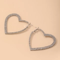 Detailed view of oversized silver heart hoop earrings with sparkling rhinestones - Heart Drop / Silver