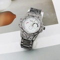 Macro side view showing the polygonal gunmetal watch case with triple subdials and metal strap - Style A Black Case Black Band White Dial