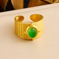Vintage gold wide open ring featuring a green oval cat eye stone and textured band - Wide Striped Green Gemstone Style (R508) / Adjustable Open