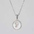Silver stainless steel necklace with round white shell pendant featuring initial letter P - Silver White Shell Letter P