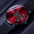 Macro shot of ORUSS quartz watch featuring a sunburst red dial and black mesh strap - New Concept - Black Mesh Band Red Dial