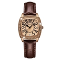 Retro tonneau watch with rose gold diamond bezel and brown leather strap for women - Coffee Dial & Coffee Strap