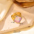 Golden titanium steel flower ring featuring a square iridescent opal stone inlay - Adjustable Open / Gold Geometric Lines with Square Iridescent Opal Stone (JOM25014)