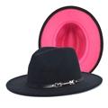 Detail showing black fedora hat with pink interior and decorative leather strap with buckle - Black+Rose Red