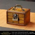 Vintage brown wooden jewelry box with antique metal handle and Chinese style padlock - Brown Mesh + Xilinmen Lock