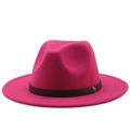 Detail of rose pink wool fedora hat featuring a leather band and vintage metal buckle - M (56-58cm) / Rose Red