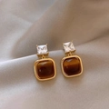 18K gold plated silver earrings with amber tiger eye stones and clear zircon on silk - Square Gold Frame Amber Gemstone Style (30#)