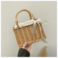 Bolso de paja tejido a mano con lazo de seda blanca para playa y viajes de vacaciones - Bolso Cuadrado + Cinta Blanca