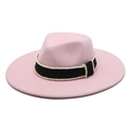 Detail of pink wool fedora featuring a black ribbon band with white pearl bead accents - M (56-58cm) / Pink