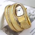 Luxury gold snake-shaped wrap watch for women with diamond bezel and metallic band - Gold Case White Dial