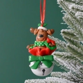 Christmas reindeer ornament with green scarf and white metal bell on snowy pine branches - Reindeer with Bow