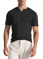 Men's slim fit black henley shirt with notch neck and short sleeves for summer athletic wear - Black