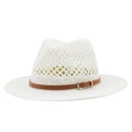 White woven straw fedora hat with breathable hollow crown and brown leather strap - M (56-58cm) / Pure White