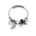 Detail of silver twisted cable bracelet with heart charms and butterfly pendants - Leaf Butterfly Dragonfly (C2-010) / Black