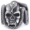 Macro shot of gothic ring detailing snake scales and skull in antique steel - 23302