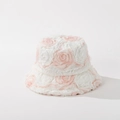 Detail of white plush bucket hat featuring decorative pink 3D fabric rose flower petals - M (56-58cm) / Pink