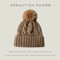 Winter cable-knit beanie in dark khaki brown with faux fur pom-pom and cuffed edge - Cable Knit-Thickened Style / Coffee