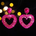 Sparkling pink crystal heart drop earrings with gold plating for women's fashion - Rose Red Heart