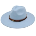 Classic light blue wool felt fedora hat with bohemian ethnic band and gold feather charm - Adult (57-60cm) / Sky Blue Heart (Gold Feather)