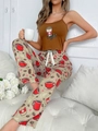 Zweiteiliges Schlafanzug-Set mit Kaffeedruck, braunem Top und gemusterter Hose - M / Kaffeebraun