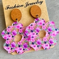 Floral acrylic drop earrings with purple roses and wooden studs on fashion card - Purple Rose