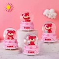 Pink musical crystal ball with red teddy bear and PINK resin base for home decor - 2346 Strawberry Bear Cake