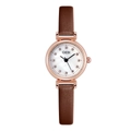 Minimalist women's quartz watch with rose gold case, white dial, and brown leather strap - Dark Brown