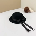 Black wool felt school uniform hat for 20cm dolls with ribbon bow and long streamers - Black + Black Bow