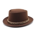 Women's dark brown wool fedora with flat top and chunky gold chain link band - M (56-58cm) / Brown