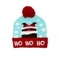 Light blue LED knitted Christmas hat for kids with red pompom and HO HO HO text design - Hat Style 56 (Sky Blue Red Santa)