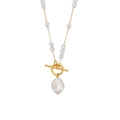 Collar de acero inoxidable chapado en oro 18K con perlas barrocas y cierre de barra OT - Perla Artificial Barroca Hebilla OT