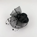 Elegant black mini top hat fascinator with mesh bow and satin rose on white background - Black With Built-in Clip