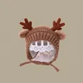 Cozy brown knit earflap hat for kids featuring cute 3D reindeer antlers and ear ties - Dragon Horn Children's Hat Brown (2 Months - 2 Years)