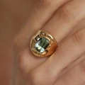 Vintage gold plated ring with a large rectangular green tourmaline gemstone on finger - Adjustable Open / Gold