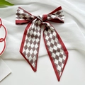 Elegant red and white argyle pattern silk scarf with large bow design for hair and bags - Red Border Argyle