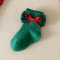 Green knit Christmas socks for girls with a red and green festive ribbon bow - S (1-3 Years) / Green-Bicolor Bow