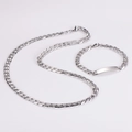 Close-up of silver stainless steel Cuban chain set with polished rectangular ID tag - 8mm Width / Steel Color (One Set)