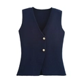 Detail of dark blue knit vest with deep V-neck and two decorative gold metal buttons - Navy Blue Vest / S