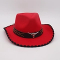 Classic red western cowboy hat with wide brim, bull head emblem and braided edge - Red Black Trim (Metal Bull Head Decor)