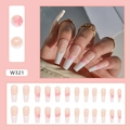 Detail showing long coffin press-on nails set with elegant pink watercolor French tips - French Floral (W321)
